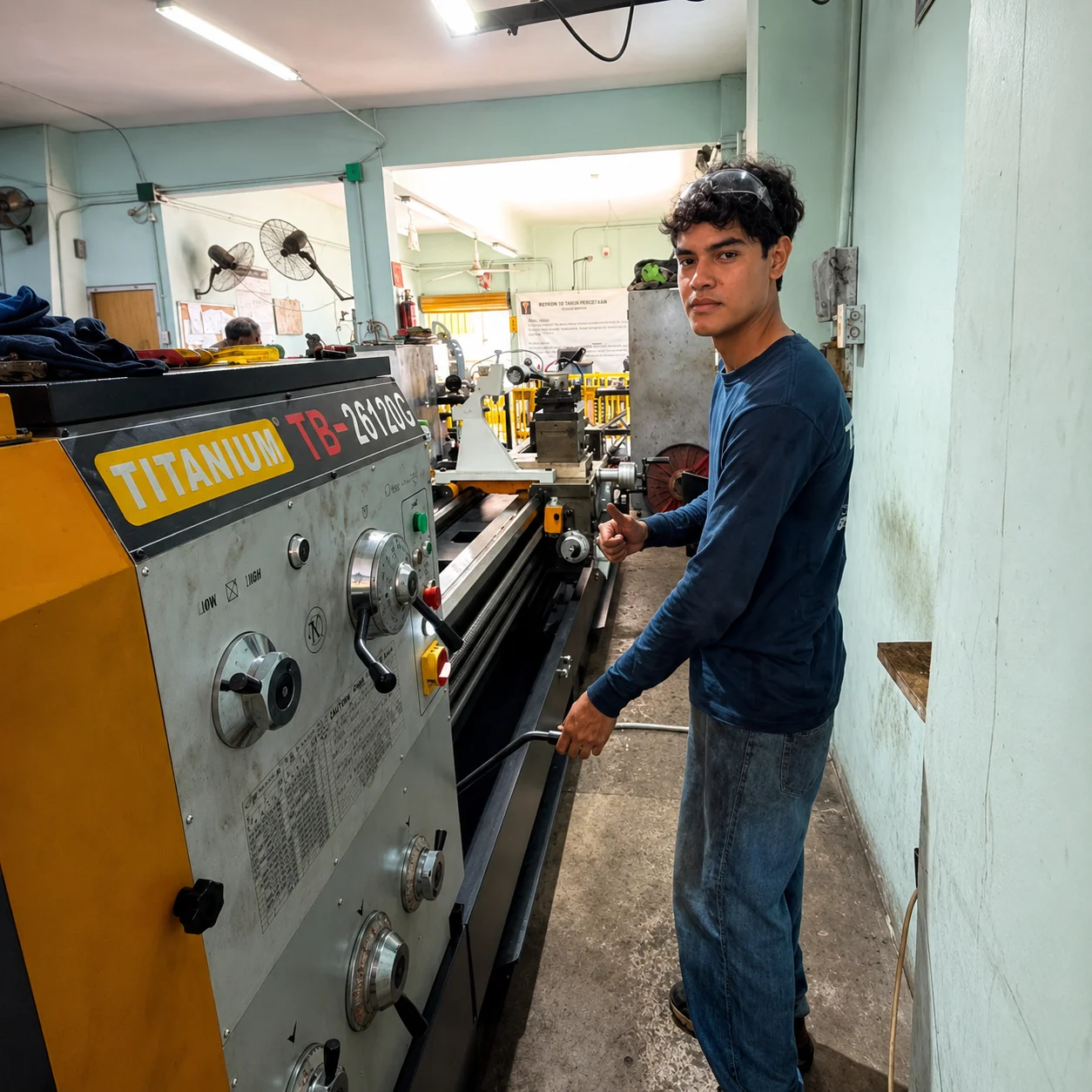 Técnico trabajando en un torno en el taller de Maquinados SAM, Veracruz